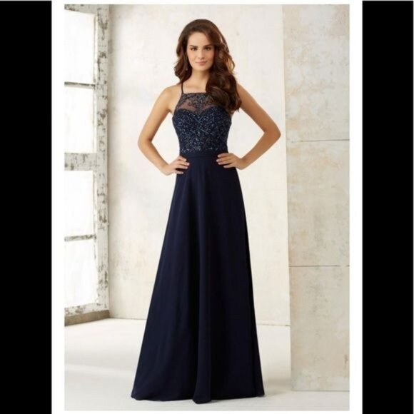 Mori Lee Sheer Beaded Bridesmaid Dress Gown Formal Black Tie Style 21506 Size 6 - Picture 1 of 15